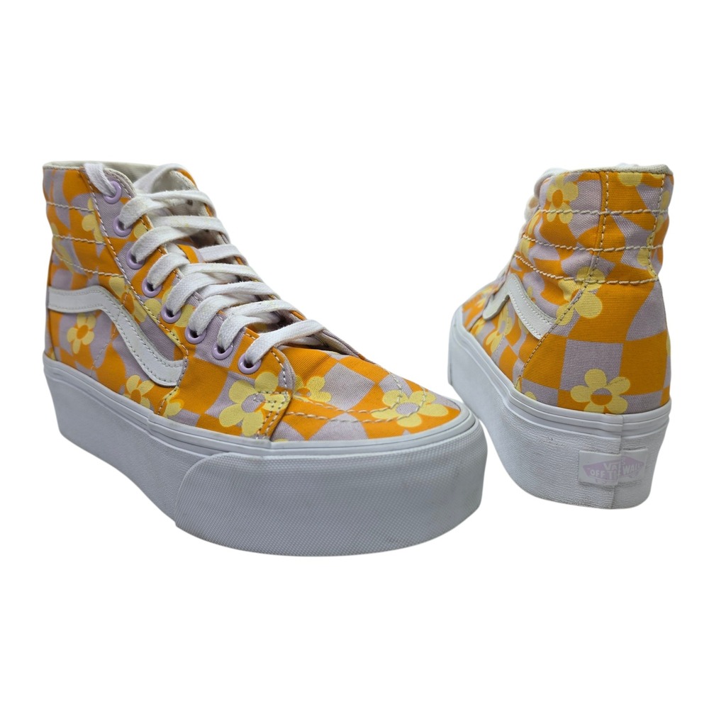 Vans Sk8-Hi Stacked Floral Checkerboard Yellow Lavender Platform Sneakers 8.0